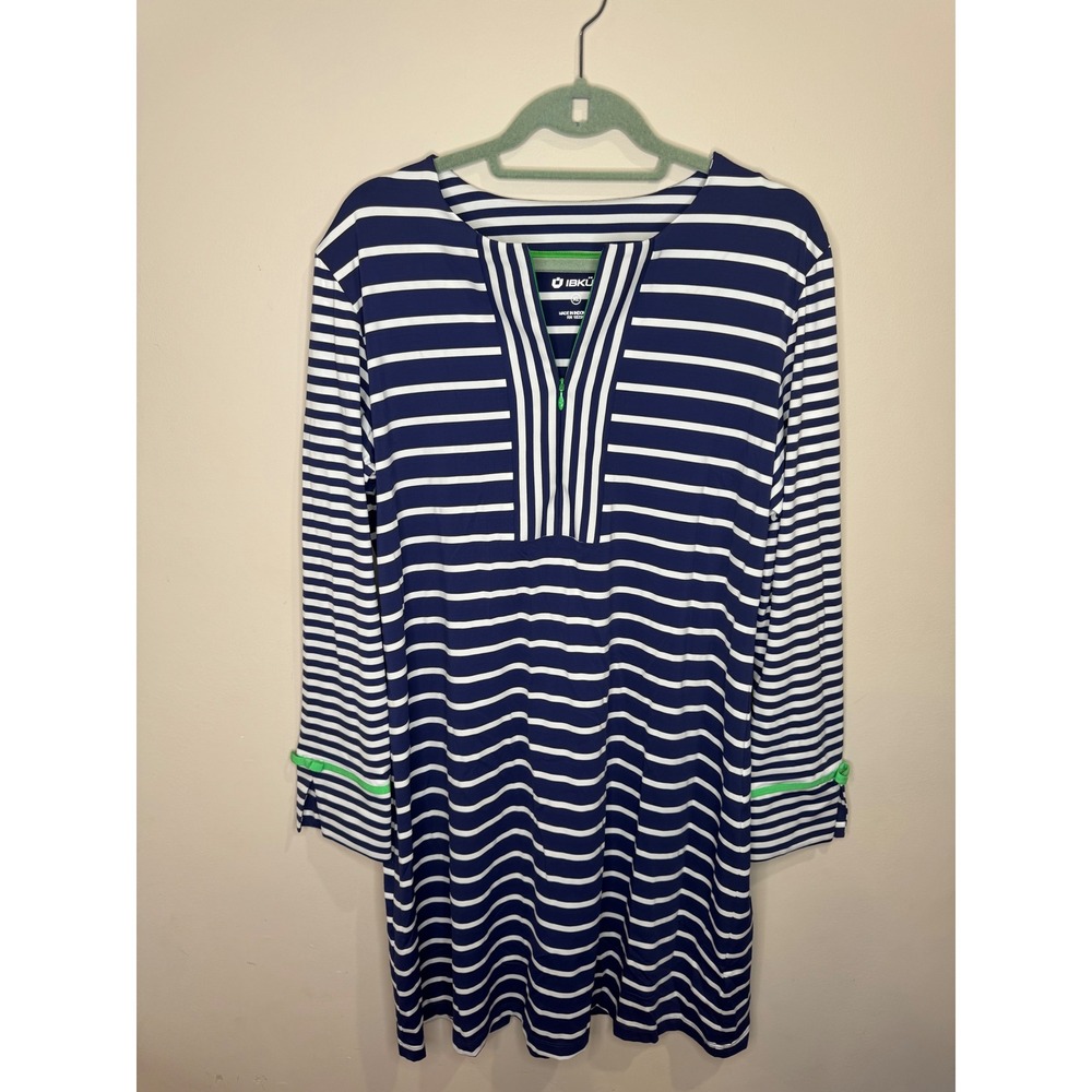 Ibkul 1/4 Zip Long‎ Sleeve Navy Striped Dress Sz XL Golf Tennis UPF 50